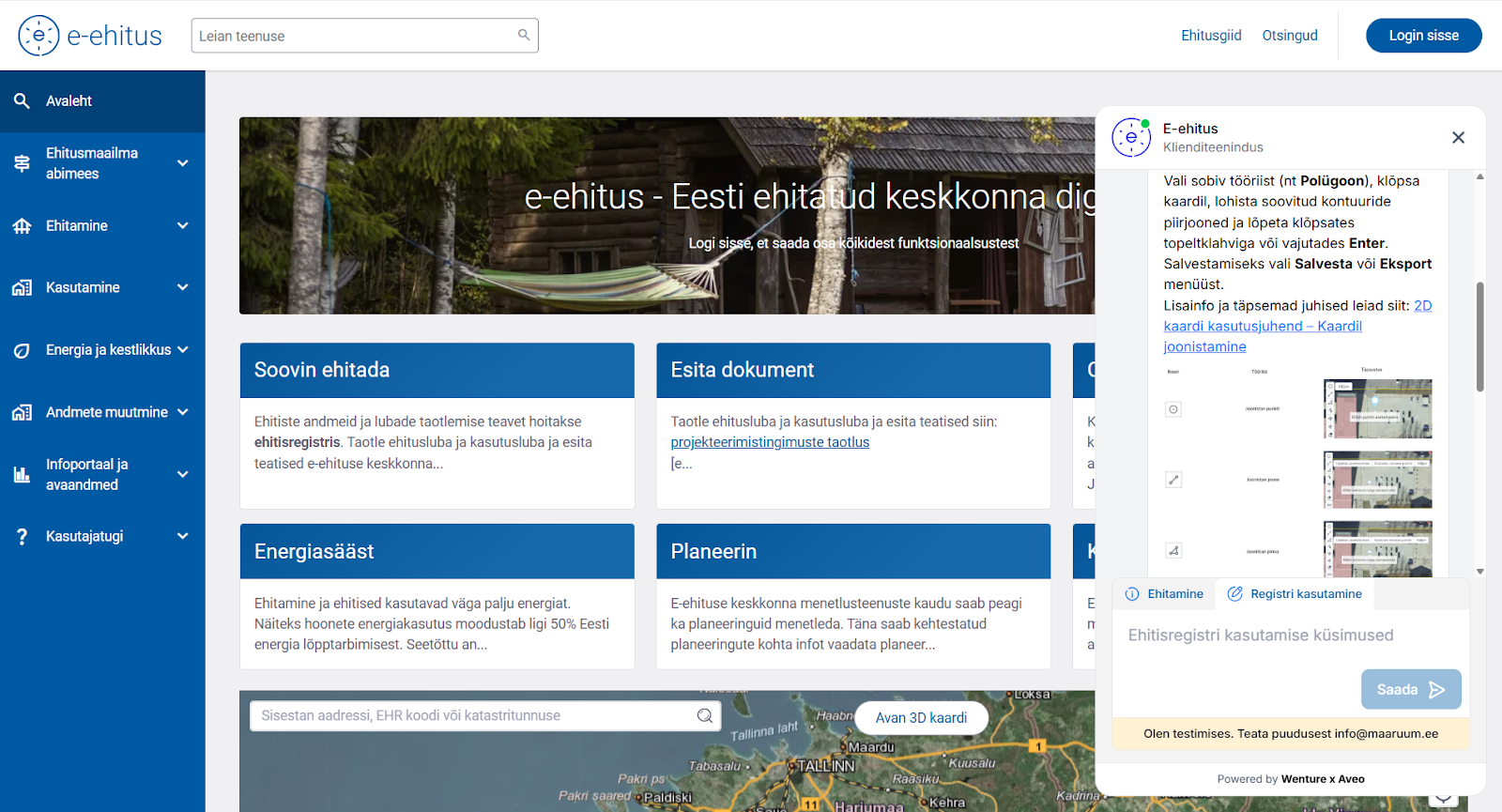 Ehitisregistri AI klienditugi kuvab vestlusaknas samm-sammulist visuaalset juhendit.