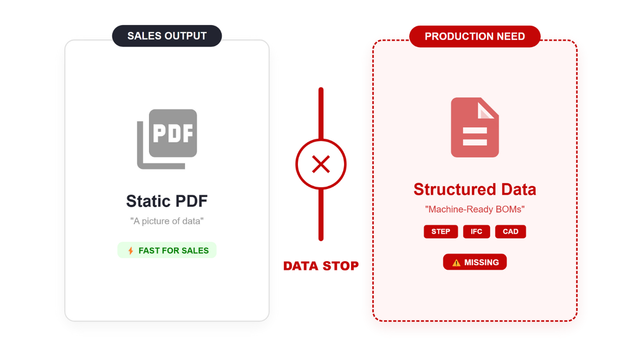 Diagram illustrating the Data Stop where CPQ software generates a PDF but misses production data like STEP and CAD.