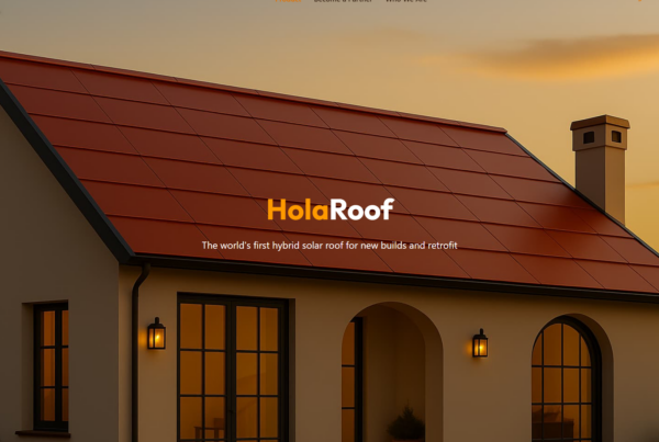 Hero section of the Holaroof public website featuring a residential home with a red hybrid solar roof at sunset. The image highlights the product's aesthetic appeal for new builds and retrofits.