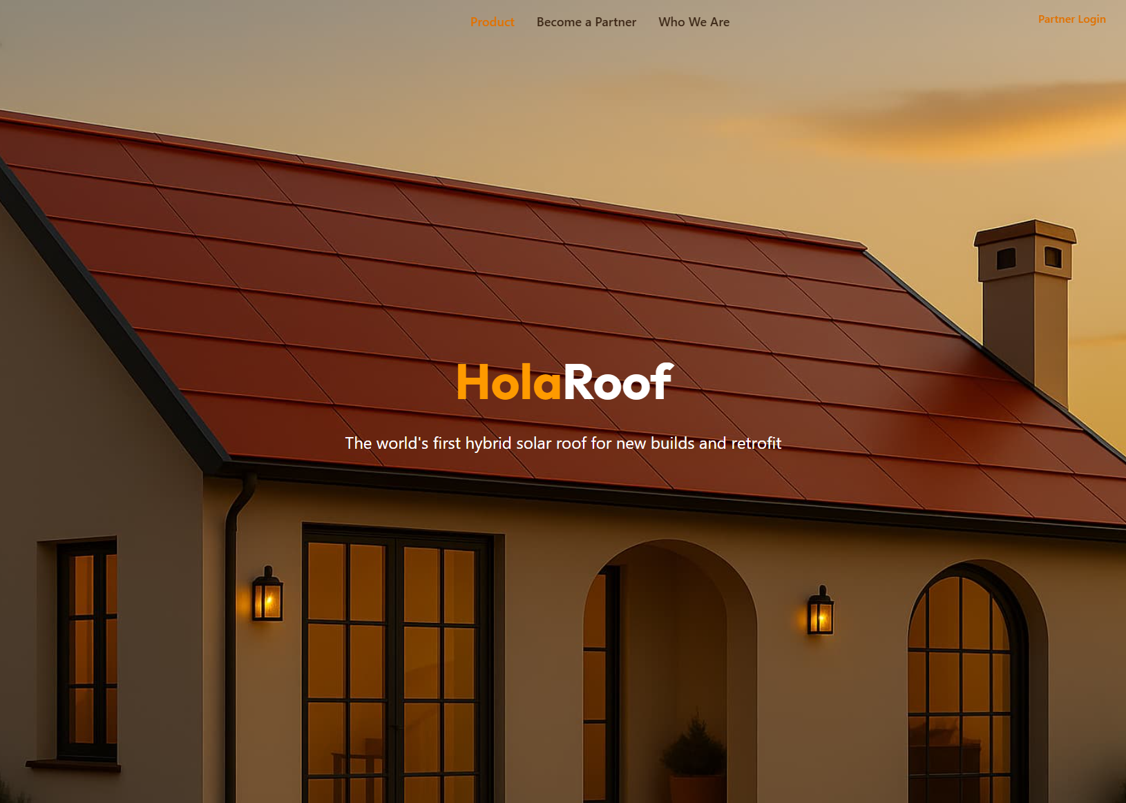 Hero section of the Holaroof public website featuring a residential home with a red hybrid solar roof at sunset. The image highlights the product's aesthetic appeal for new builds and retrofits.