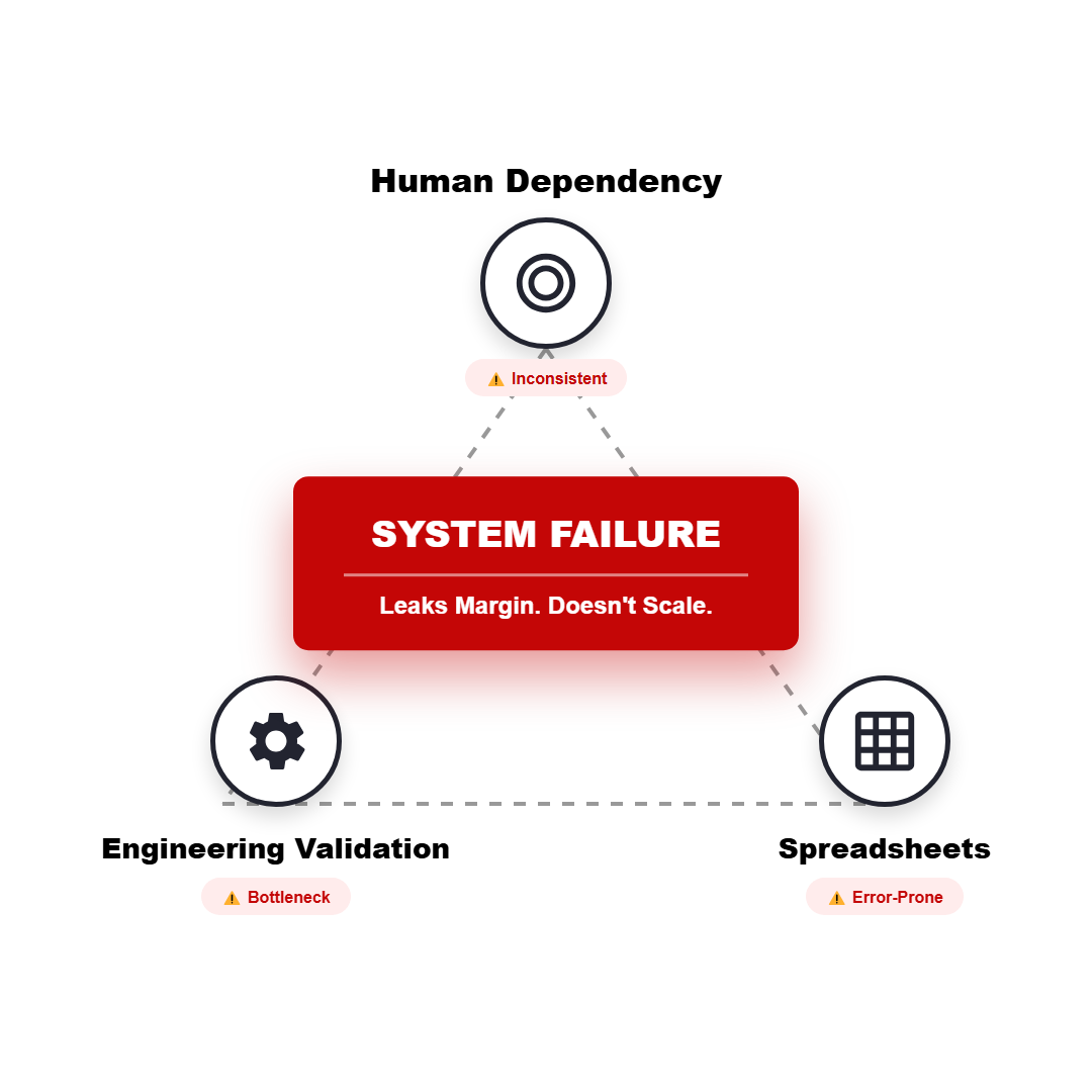 Diagram showing the system failure triangle caused by human dependency, engineering validation bottlenecks, and spreadsheet errors.