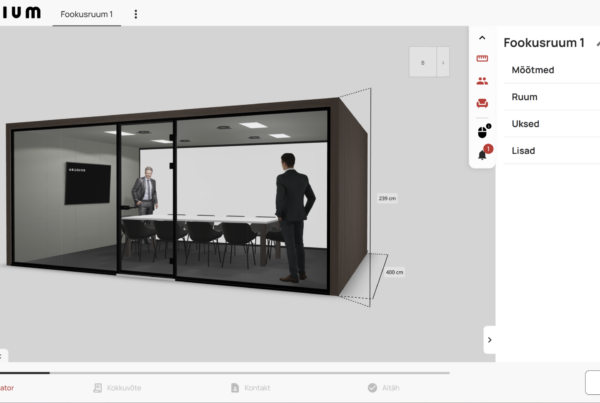 Wallenium 3D focus room configurator showing real-time visualization with configuration sidebar for dimensions, room settings, doors and extras