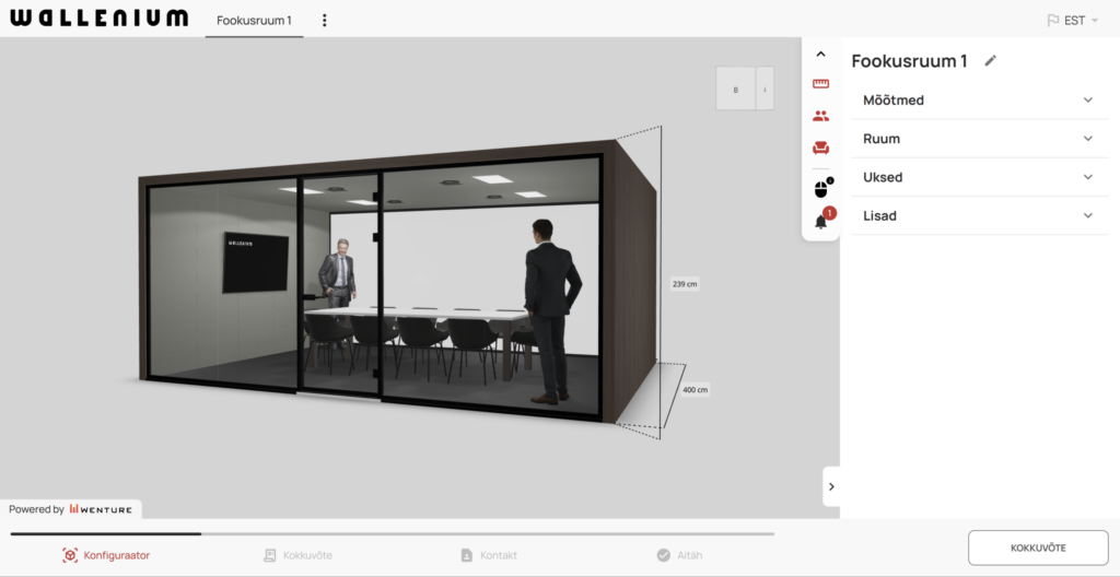 Wallenium 3D focus room configurator showing real-time visualization with configuration sidebar for dimensions, room settings, doors and extras